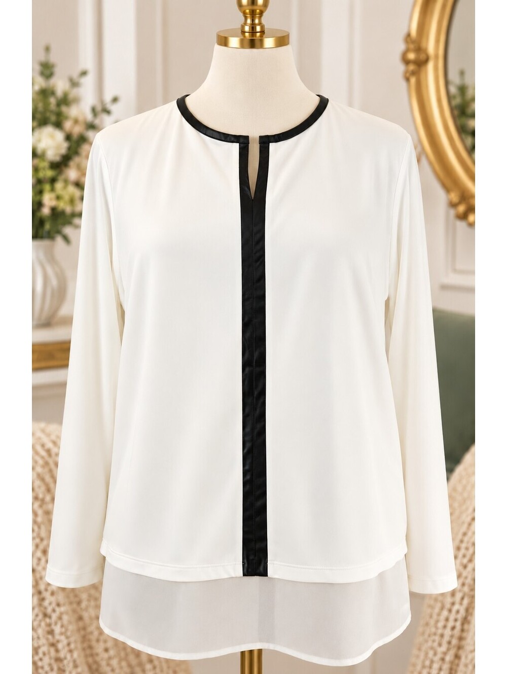 Calvin Klein XL Ivory Black Faux Leather Trim Layered Hem Long Sleeve Blouse